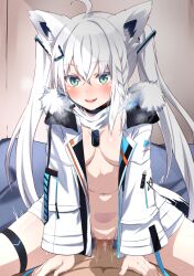 1boy ahoge animal_ear_fluff animal_ears aqua_eyes black_choker blush braid breasts censored choker clothed_female_nude_male clothed_sex cowgirl_position dark-skinned_male dog_tags female fox_ears fox_girl fur-trimmed_jacket fur_trim fuyumi_kazuki hair_between_eyes highres hololive hololive_gamers hololive_gen_1 hololive_japan jacket large_breasts long_hair long_sleeves looking_at_viewer nude open_clothes open_jacket open_mouth penis pov sex shirakami_fubuki single_braid solo_focus straddling straight thigh_strap trembling twintails vaginal_penetration virtual_youtuber white_hair white_jacket