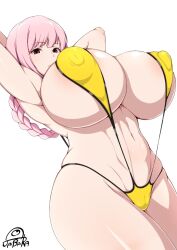 1girls 2022 areola_slip areolae armpits arms_behind_head arms_up artist_logo artist_signature barely_clothed barely_contained braided_hair breasts erect_nipples erect_nipples_under_clothes fate/grand_order fate_(series) female female_only florence_nightingale_(fate) hips huge_breasts jabara_tornado large_areolae long_hair massive_breasts nipples pale-skinned_female pale_skin pink_hair puffy_nipples red_eyes revealing_clothes simple_background slim_waist sling_bikini thick_thighs thighs white_background wide_hips yellow_bikini