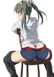 alternate_costume ass ass_cleavage belt black_hair blue_shorts butt_crack chair female from_behind hair_ribbon highres hood hoodie kantai_collection long_hair looking_at_viewer looking_back ribbon short_shorts shorts simple_background sitting sitting_backwards solo stool_position suna thighhighs thong twintails whale_tail white_background yellow_eyes zuikaku_(kantai_collection)