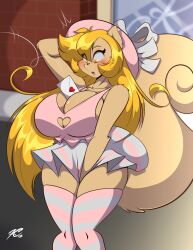 1girls 2022 anthro between_breasts blonde_hair breasts cleavage dress female female_only furry gloria_bourne hat huge_breasts letter long_hair mastergodai rascals rodent solo squirrel squirrel_tail tail tan_fur thick_thighs valentine's_day voluptuous wide_hips wind wind_lift windy_skirt