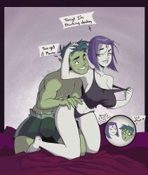 beast_boy big_breasts boxers clothing curvy_female dc dc_comics english_text female gewd-boi imminent_sex impregnation_request male muscular_male panties rachel_roth raven_(dc) stubble tagme teen_titans text