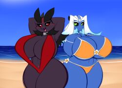 2018 anthro averyshadydolphin beach big_breasts bikini breasts cleavage clothed clothing curvy_figure detailed_background dragon duo eyebrows female jou_(species) looking_at_viewer miajou non-mammal_breasts ocean open_mouth outside sand sea seaside sky sling_bikini swimwear thick_thighs voluptuous water wide_hips yaojou