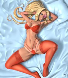 1girls ariza_moonwall armpits arteslav ass_visible_through_thighs bed_sheet blonde_hair blue_eyes bra bracelet breasts commission dark-skinned_female dark_skin eyepatch female flower_eyepatch gyaru highres lingerie long_hair lying lying_on_back medium_breasts mole mole_under_mouth navel on_back on_bed original panties ponytail red_bra red_legwear red_panties slender_waist solo spaghetti_strap spread_legs thighhighs wide_spread_legs