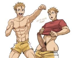 1boy abs balls ballsack barbell_piercing big_penis blonde_hair brown_eyes erection foreskin foreskin_folds haikyuu!! happy_trail human intact lilprincyvi male male_only male_pubic_hair muscles muscular_male nipple_piercing pecs penis penis_bulge penis_out penis_piercing piercing prince_albert_piercing pubes red_shirt retracted_foreskin scrotum smooth_skinned_male solo terushima_yuji testicles toony uncut undercut veiny_penis white_background white_stripe yellow_shorts