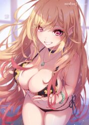 1girls 2022 artist_signature bikini black_bikini blonde_hair blush breasts choker cleavage female female_only flower_pattern gyaru hips huge_breasts kitagawa_marin long_hair looking_at_viewer mitsu_art necklace patreon_username red_eyes slim_waist smile sono_bisque_doll_wa_koi_wo_suru thick_thighs thighs wide_hips