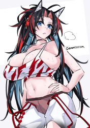 absurdres animal_ears arknights black_choker black_hair blaze_(arknights) blaze_(burst_feline)_(arknights) blue_eyes blush breasts cat_ears choker collarbone commission crop_top eyebrows_visible_through_hair female hand_on_hip headphones highres large_breasts long_hair multi_ear multicolored_hair navel official_alternate_costume open_mouth pink_nails red_hair shorts simple_background solo streaked_hair sweat tank_top white_background white_shorts white_tank_top yuteka_(yute_nut)