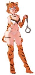 1girls blue_eyes bra critical_bliss feet female female_focus female_only handcuffs monster_girl orange_hair orc_massage panties shimuto5 solo solo_female solo_focus tiger tiger_girl tiger_stripes tongue tongue_out underwear valerie_(orc_massage) white_background wide_hips