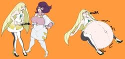 2girls blonde_hair burping ecchipandaa erect_nipples erect_nipples_under_clothes glasses lusamine_(pokemon) multiple_girls pokemon pokemon_sm purple_hair same_size_vore vore wicke_(pokemon)