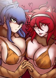 2girls ahoge bikini blue_hair brave_danganronpa:_coward's_paradise breasts_to_breasts catgirl danganronpa fan_character fanganronpa gloves hibana_anko jodles7 large_breasts ponytail red_eyes red_hair smooth_skin tongue_out tsuji_rei wink yellow_eyes