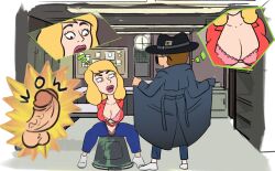 1boy 1girls adult_swim beth_smith blonde_hair breasts brown_hair cleavage diklonius exhibitionism female flashing hat huge_breasts lingerie male milf morty_smith mother_and_son overcoat penis rick_and_morty