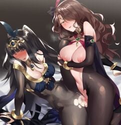 2girls alternate_costume bangs bare_shoulders black_hair blush bodystocking bodysuit breasts bridal_gauntlets brown_hair censored cleavage commission dancer dorothea_arnault dorothea_arnault_(plegian) female female_only female_pubic_hair fire_emblem fire_emblem:_three_houses fire_emblem_awakening fire_emblem_heroes green_eyes grey_eyes hair_over_one_eye large_breasts leg_grab licking_lips lipstick long_hair looking_at_viewer medium_breasts mosaic_censoring multiple_girls nail_polish nanaichi nintendo nipples official_alternate_costume parted_lips plegian pubic_hair purple_nails seductive seductive_smile silver_lips silver_lipstick skeb_commission smile sparse_pubic_hair spread_legs tharja_(fire_emblem) tharja_(plegian)_(fire_emblem) tongue tongue_out torn_bodysuit torn_clothes tribadism yuri