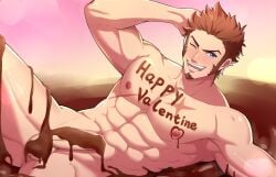 1boy abs bara blue_eyes brown_hair candy chocolate chocolate_on_pectorals chocolate_on_penis completely_nude cross_scar erection facial_hair fate/grand_order fate_(series) feet_out_of_frame food gay goatee happy_valentine heart heart-shaped_chocolate highres large_pectorals long_sideburns male_focus male_only mature_male minghecanyue muscular muscular_male napoleon_bonaparte_(fate) navel nipples nude one_eye_closed pectorals penis scar scar_on_chest short_hair sideburns smile solo spread_legs stomach thick_thighs thighs valentine