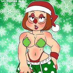 bra brown_hair covered_nipples
 family_guy lipstick looking_at_viewer makeup meg_griffin partially_clothed samuel_zachary samyueru santa_hat