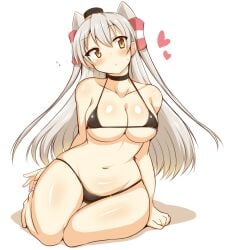 :o alternate_breast_size amatsukaze_(kantai_collection) bangs bikini black_bikini black_choker blush breasts brown_eyes choker female hair_tubes heart highres kantai_collection large_breasts long_hair looking_to_the_side navel simple_background sitting solo swimsuit wedge_(tyrl_stride) white_background