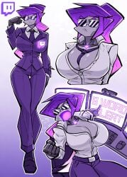 1girls anger_vein business_suit cleavage fist gradient_hair gray_skin huge_breasts large_breasts logo necktie necktie_between_breasts personification purple_hair robot_girl site-tan solo sunglasses twitch twitch-tan zzzhodazzz