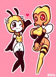 1girls 2018 anthro anthrofied arthropod bee blush bottomless casual_bottomless chibi clothed clothing female footwear game_freak heart hymenopteran insect_wings insects legwear lin_(nekuzx) looking_at_viewer mariah_(nekuzx) navel nekuzx nintendo oc one_eye_closed original_character pink_background pokemon pussy red_eyes ribombee stockings striped_stockings vespiquen video_games