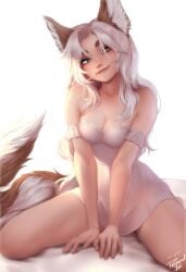 1girls animal_ears anthro bare_shoulders bed blue_eyes breasts brown_eyes collarbone dress ear_tuft female female_only fox_ears fox_girl fox_tail freckles heterochromia hi_res highres kneeling looking_at_viewer losse_(personalami) medium_breasts nightgown original personalami smile smiling solo tail tail_tuft thighs white_background white_hair