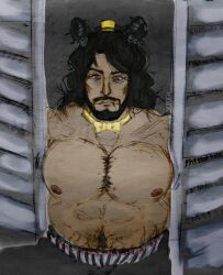 bara big_breasts black_hair black_skin five_nights_at_freddy's humanization humanized humanized_animatronic male male_only nightmare_(fnaf) nipples red_eyes solo stuck_in_door