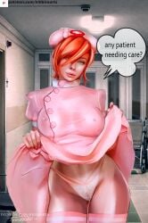 1girls artist_name breasts detailed_background dress dress_lift fanart female female_only flashing_panties full_lips green_eyes hair_over_one_eye hips indoors jenna_lynn_meowri killbiro light-skinned_female looking_at_viewer meowri nipples_visible_through_clothing nurse_uniform orange_hair panties patreon_reward pink_dress pouty_lips real_person short_hair text thighhighs