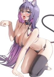 bikini black_hair blue_eyes cat_ears collar k_pring stockings tongue_out