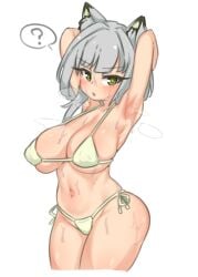 ? animal_ears arknights armpits arms_behind_head ass bangs basukechi bikini blush breasts cleavage eyebrows_visible_through_hair female green_eyes grey_hair highres kal'tsit_(arknights) looking_at_viewer navel open_mouth short_hair simple_background solo spoken_question_mark sweat swimsuit white_background white_bikini