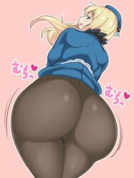 ass ass_shake atago_(kantai_collection) backboob blonde_hair blue_eyes breasts censored curvy female from_behind hat highres huge_ass kantai_collection large_breasts long_hair looking_at_viewer looking_back mosaic_censoring naughty_face open_mouth pantyhose pink_background raised_eyebrows simple_background smile solo sumemako thick_thighs thighs wide_hips