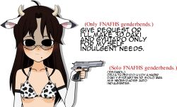 cartoon_eyes cow_ears cow_horns cow_print english_text holding_gun kisekae luna_moo_(sarahf) no_context red_text sarah21sugardust self_insert spanish_text white_background white_gloves