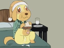 2020 animal_crossing ass bed benjiboi canine cum cum_in_pussy domestic_dog eating female golden_retriever goldie_(animal_crossing) looking_at_viewer nintendo pajamas pussy solo