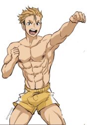 1boy abs barbell_piercing blonde_hair brown_eyes haikyuu!! happy_trail human lilprincyvi male male_only muscles muscular_male nipple_piercing pecs penis_bulge piercing smooth_skinned_male solo terushima_yuji toony undercut white_background white_stripe yellow_shorts