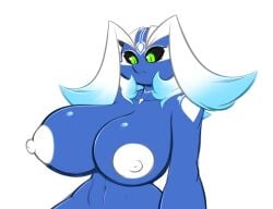 2017 anthro areola averyshadydolphin big_breasts big_nipples black_sclera blue_body blue_skin breasts dragon eyebrows female green_eyes hair huge_breasts jou_(species) miajou nipples non-mammal_breasts pupils simple_background slit_pupils solo white_background