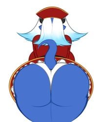 2017 alien anthro ass averyshadydolphin big_breasts big_butt blue_body blue_hair blue_skin breasts butt clothed clothing digital_media_(artwork) dragon eyebrows female hair hat headgear headwear horn huge_breasts huge_butt huge_hips jou_(species) miajou multicolored_hair non-mammal_breasts panties rear_view simple_background solo thick_thighs two_tone_hair underwear upskirt white_background white_hair wide_hips