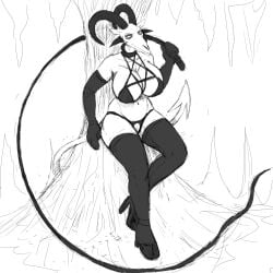 1:1 2019 anthro big_breasts biped bottomwear bovid breasts caprine caprine_demon clothing demon female genitals goat_demon hi_res hladilnik holding_object ineffective_clothing lucy_(hladilnik) mammal monochrome pentagram pussy solo topwear whip