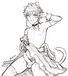 1boy arm_warmers balls bell black_and_white braid cat_ears collar erection fangs femboy genshin_impact girly long_hair male_focus male_only nekomimi nipples nyacoii open_mouth panties peace_sign penis ribbon sketch smile solo tail trap venti_(genshin_impact)