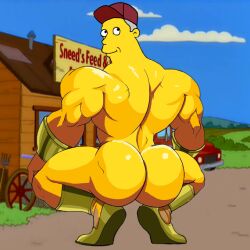 1boy 2021 bara blue_sky boots bracelets broly_culo building cloud day dfsdfdf edit grass gray_hair grey_hair hat large_ass male_only meme muscular muscular_male outside pickup_truck pitchfork sky smiling sneed sneed's_feed_and_seed sneed_(the_simpsons) solo solo_male squatting the_simpsons truck wheel wooden_house yellow_skin