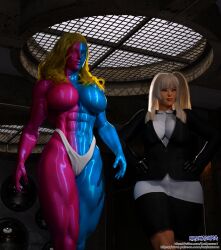 3d abs big_breasts blonde_hair blue_skin daz_studio gill gloves kazkazuma kolin muscular muscular_arms muscular_female muscular_thighs pinup red_skin rule_63 street_fighter street_fighter_iii suit tall_female taller_girl toga two_tone_body