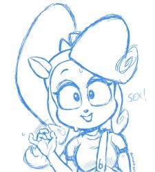 anthro bonyungus clothed clothing coco_bandicoot crash_(series) eyelashes fur furry hand_gesture handjob long_hair overalls ponytail sketch smile suggestive sweat text