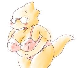 1girls 2d alphys aruput aruput_ut bra chubby female female_only glasses humanoid lizard_girl lizard_humanoid panties solo tagme undertale undertale_(series) underwear