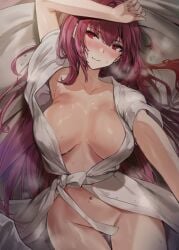 alracoco arms_up bangs blunt_bangs blush breasts cleavage convenient_censoring fate/grand_order fate_(series) female female front-tie_top long_hair looking_at_viewer lying navel purple_hair red_eyes robe scathach_(fate) white_robe