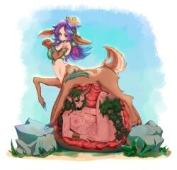 2girls 4kkc belly_bulge breasts centaur centauress clothing deer_taur fur green_hair hooves horn inside_view large_breasts league_of_legends lillia_(league_of_legends) monster_girl multiple_girls nipples rocks same_size_vore smile tagme taur vore x-ray