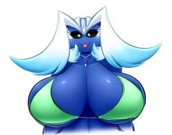 2017 alien anthro averyshadydolphin big_breasts bikini bikini_top blep blue_body blue_skin breasts clothing dragon eyebrows female green_eyes huge_breasts jou_(species) looking_at_viewer miajou non-mammal_breasts smile solo swimwear tongue tongue_out