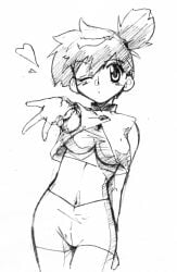 1girls blowing_kiss breasts female female_only genkindo heart kasumi_(pokemon) looking_at_viewer medium_breasts midriff monochrome navel pokemon pokemon_(game) shorts side_ponytail solo thighs wink