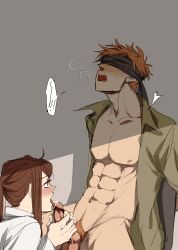 1boy 1boy1girl abs blindfold blowjob brown_hair eye_contact fellatio female ginger holding_penis i_love_yoo licking_penis male/female oral petite ponytail precum red_hair shin-ae_yoo webtoon yeon-gi