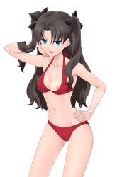 adjusting_hair bikini black_hair breasts fate/stay_night fate_(series) hair_ribbon nipple_slip red_bikini ribbon shirotsumekusa solo solo_female tohsaka_rin twintails