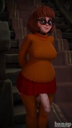 3d 3d_(artwork) banap big_penis blender blender_(software) brown_hair futanari glasses hands_behind_back looking_at_viewer nerd scooby-doo short_hair skirt solo_futa velma_dinkley