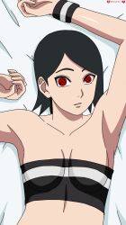 1girls alternate_eye_color armpits arms_up boruto:_naruto_next_generations brown_hair crop_top darkuro_27 female female_only from_above light-skinned_female light_skin long_hair looking_at_viewer lying lying_down lying_on_back lying_on_bed naruto naruto_(series) no_eyewear no_glasses parted_bangs red_eyes sarada_uchiha sharingan shoulder_length_hair solo solo_focus tubetop unusual_pupils viewed_from_above wristband