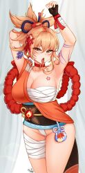 1girls 82jhin armpits bandage breasts choker cleavage clothing female genshin_impact japanese_clothes kimono large_breasts looking_at_viewer naughty_face open_mouth orange_eyes orange_hair sarashi shimenawa tattoo tongue_out underwear yoimiya_(genshin_impact)