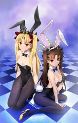 2girls bare_shoulders blonde_hair breasts brown_hair bunny_ears bunnysuit ereshkigal_(fate) fate/grand_order fate_(series) fishnets high_heels ishtar_(fate) ishtar_(fate/grand_order) red_eyes ribbon shirotsumekusa