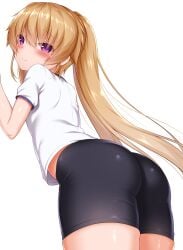 ao_no_kanata_no_four_rhythm arisaka_mashiro ass bike_shorts black_shorts blush breasts brown_hair female from_behind gym_uniform leaning_forward long_hair looking_back petite pink_eyes shirt short_sleeves shorts simple_background small_breasts smile solo thick_thighs thighs twintails white_background white_shirt zirba