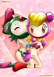 2girls 5_fingers bbmbbf blush bomberman bomberman_jetters breasts closed_eyes female female/female female_only gloves jpeg legs mermaid_bomber multiple_girls nude pretty_bomber pussy sex sex_toy strap-on yuri yurihaven.com