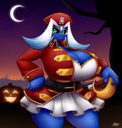 2017 alien anthro averyshadydolphin big_breasts black_sclera breasts cleavage clothed clothing dragon eyebrows eyelashes female food fruit green_eyes halloween hat headgear headwear hi_res holidays huge_breasts jou_(species) miajou moon non-mammal_breasts pirate_costume plant pumpkin pupils slit_pupils solo wide_hips